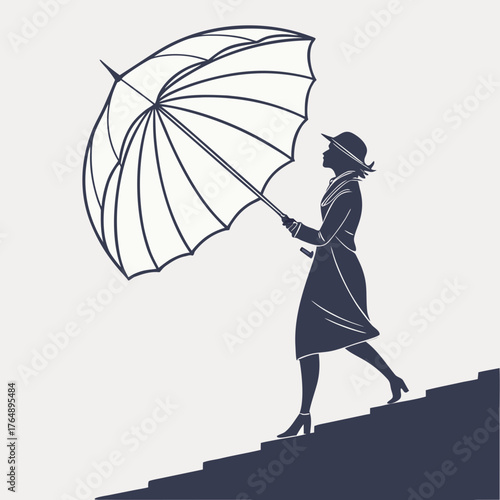 Elegant silhouette of a woman in a hat and trench coat walking up stairs with an umbrella