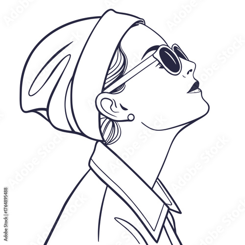 Elegant woman wearing a headscarf and sunglasses looking upwards with a confident expression in a minimalist line art style