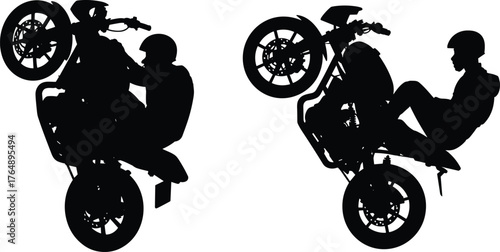 Silhouette of two motorcyclists performing wheelies on dirt bikes, stunt riding, helmet safety, off-road motion, black vector illustration, balance