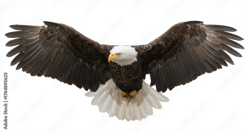 Obraz premium Majestic bald eagle soars with impressive spread wings full-body image against a white background, bald eagle, eagle, flying, wings, soaring, predator, wildlife, nature, freedom, American eagle