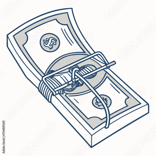 A stack of us dollar bills is set up as bait in a classic wooden mousetrap symbolizing financial risk and temptation