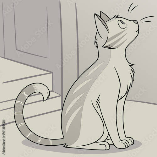 A stylized cartoon illustration of a grey tabby cat sitting attentively and looking upwards with curiosity its tail curled