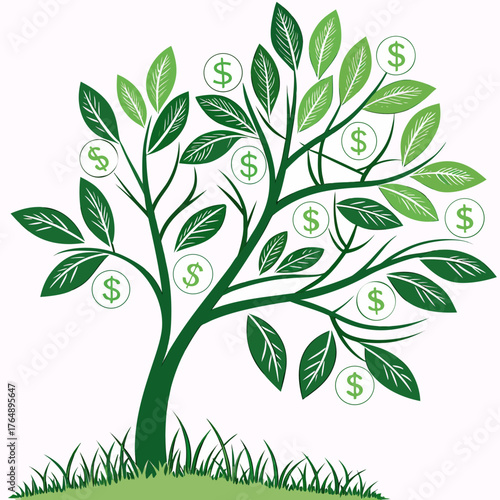 A stylized illustration of a green tree with leaves and dollar signs growing on its branches symbolizing financial growth and prosperity