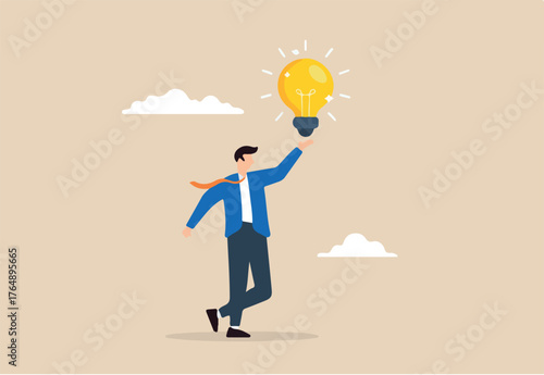 Flat illustration of businessman hold bright lightbulb creativity finding inspiration solution expert solving problem leader giving advise professional help eureka moment