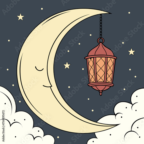 A whimsical crescent moon with a smiling face hangs a vintage lantern under a starry night sky with fluffy clouds