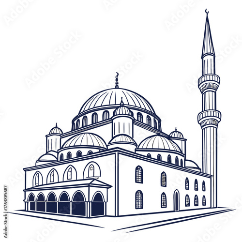 Architectural drawing of a grand mosque with a prominent dome and tall minaret showcasing islamic design elements and symmetry