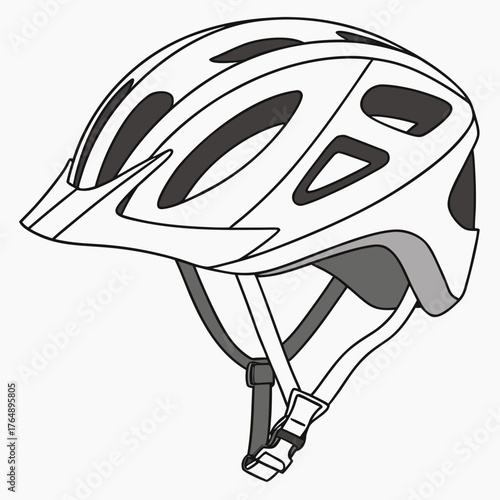 Line art illustration of a modern white bicycle helmet with black vents and gray straps on a white background