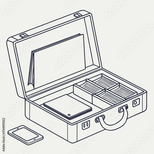 Open briefcase with documents and a smartphone placed on a light background presented in a clean line art style