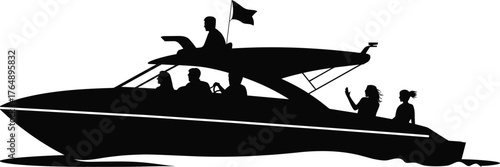 Silhouette motorboat with five people cruising on water, waving gesture, cabin canopy, flag, leisure travel, marine transport, minimal waves