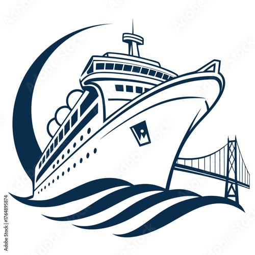 Stylized illustration of a cruise ship sailing under a bridge with a crescent moon and waves