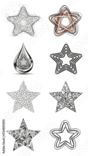 A set of stars, stars collection, star vector icons vector art of selection of eight glittering and textured star shapes, including metallic, abstract, and geometric designs, presented on a