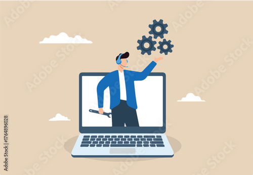 Helpful man wearing headset conversation with customer, assisting in solving computer problem. Concept of support staff in resolving technical issues, help desk or operator, phone calls 