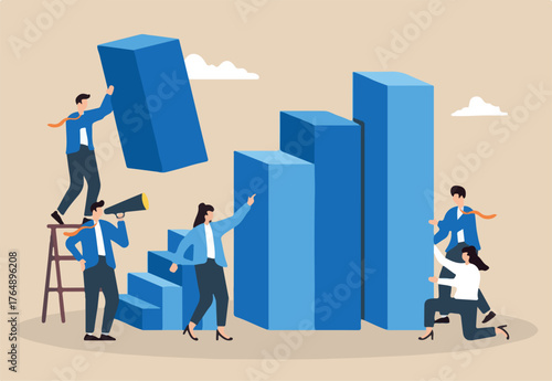 Incremental sales growth, step-by-step strategy development, data-driven progress, achieving business milestones concept vector illustration. Team of analysts constructing staircase of bar graphs