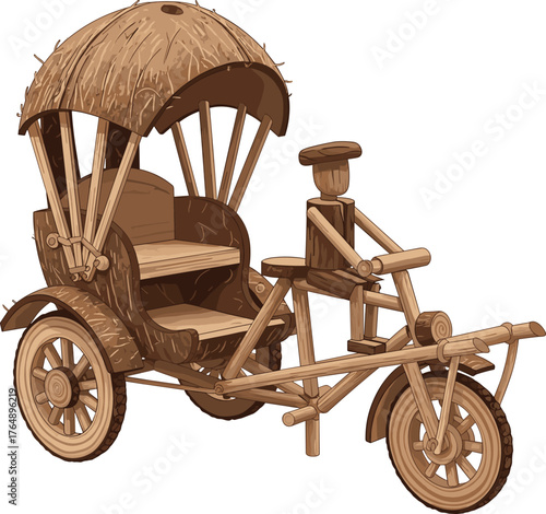Decorative Wooden Rickshaw Model with Thatched Roof Vector Illustration - Traditional Asian Craft