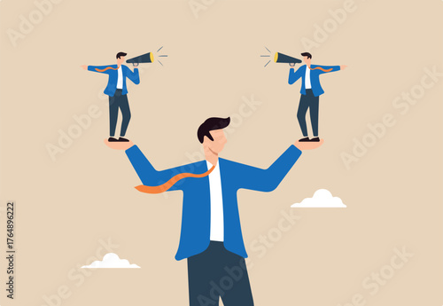 Flat illustration of confused businessman with two mini versions of himself in both hands shouting opposite directions on megaphones internal conflict and decision making dilemma