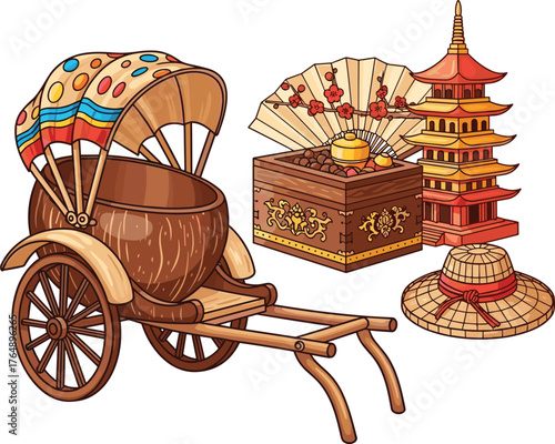 Asian Travel and Heritage Collection - Traditional Rickshaw, Pagoda Temple, and Straw Hat