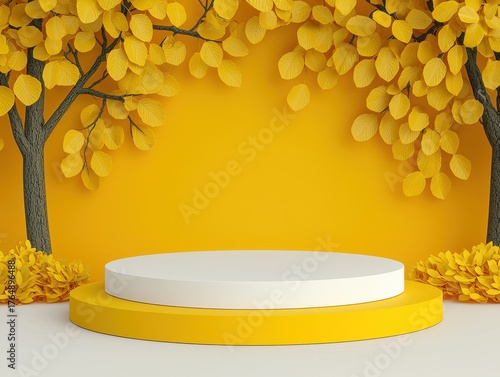 Bright Yellow Background with Trees and Round Display Platform