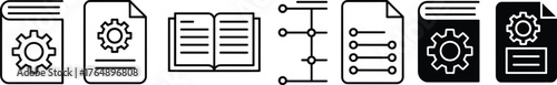 Black and white icons of documents, books, technical manuals, checklists, and flowcharts for organizational and educational use
