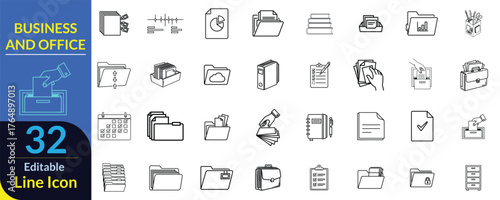 Collection of 32 hand drawn line icons representing various business and office equipment and supplies