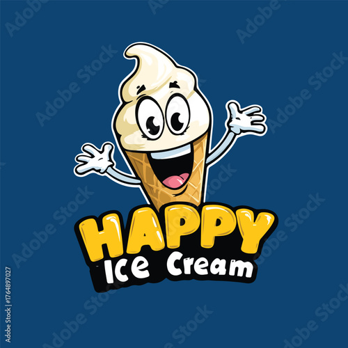 Happy Ice Cream Logo with smiling cone character