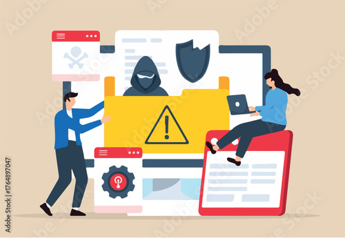 Flat illustration of two people handling data breach incident crisis management and recovering from attacks