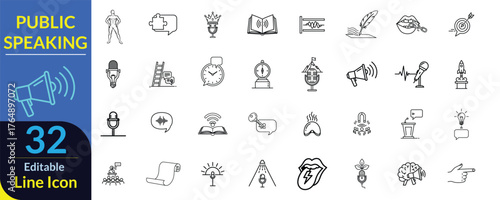 Collection of 32 public speaking and communication line icons on a blue background with speaker icon