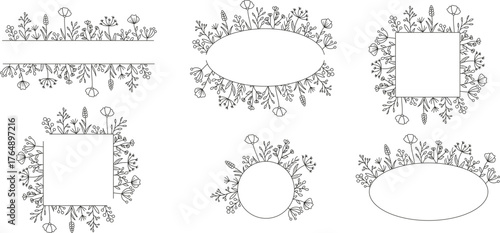 Zestaw kwiecistych ramek o różnych kształtach. 