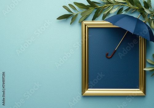 Elegant Umbrella and Frame Composition on Blue Background