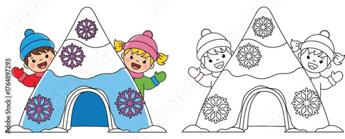 Happy Kids Playing Hide and Seek in a Snow Fort with Snowflakes, Winter Fun Illustration