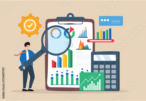 Reviewing financial statements for accuracy, ensuring compliance with regulations, audit analysis concept vector illustration. Business analyst auditing documents