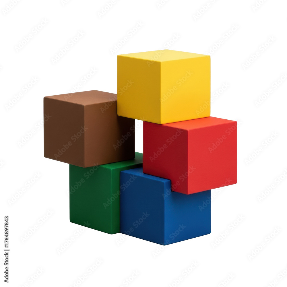 Obraz premium Five matte geometric building blocks (brown, yellow, green, blue, red) forming a minimalist sculpture, isolated on a transparent background with no shadows, commercial product photography concept.