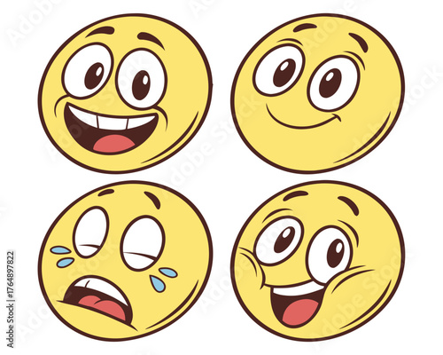 Four yellow cartoon face expressions