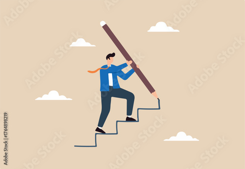 Flat illustration of businessman use pencil to draw stair symbolizing building career path to achieve success