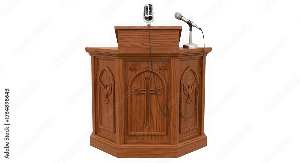 Naklejka premium Ornate wooden pulpit with microphone isolated on transparent background