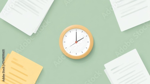 Modern Workspace Setup with Clock and Paper Documents on Green Background for Time Management and Productivity Themes