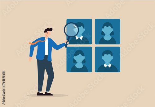 
Flat illustration of human resource manager analyzing candidate profiles with magnifying glass to select perfect team members for recruitment and hiring process
