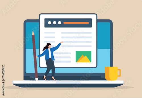 
Flat illustration of creative woman hold pencil publishing content and writing article online on website in laptop screen writer blogger advertising freelance journalist