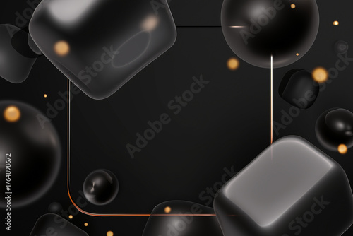 glossy black 3D shapes with soft rim light, floating spheres and cubes, subtle sparks, premium sale background, copy-ready negative space