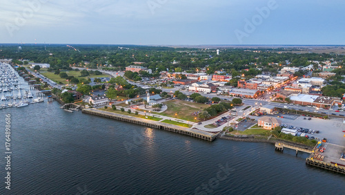 Fotografie Aerial landscape of coastal downtown Brunswick city summer sunset in southeast c