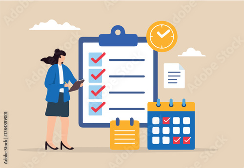 Flat illustration of woman event planner checking business checklist with calendar and note schedule management time planning
