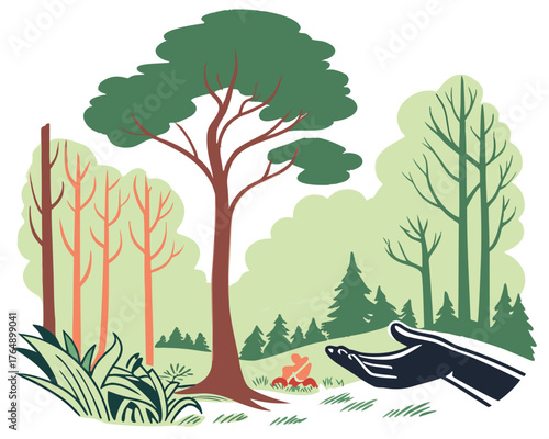 A serene forest scene with a campfire and a hand reaching out for warmth