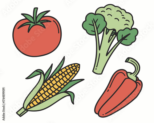 Assortment of fresh vegetables, including corn, tomato