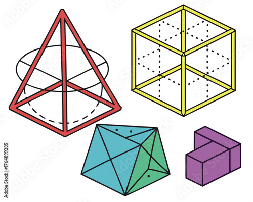 Geometric shapes with pyramid, cube, octahedron, and puzzle piece illustration