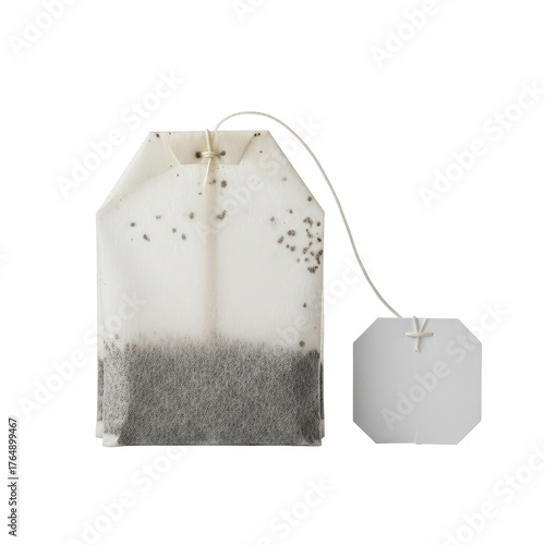 Isolated tea bag, tag attached. Close up shot on black background