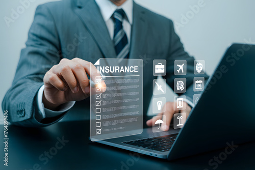 businessman using digital interface for online insurance services on laptop