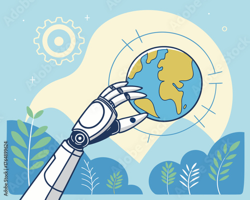 Robotic hand holding the earth with nature and technology background