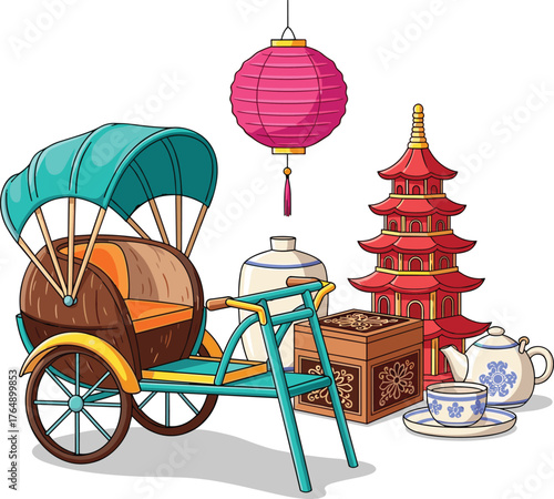 Vibrant Asian Travel and Culture Set - Rickshaw, Pagoda, Lantern, and Traditional Tea Ceremony