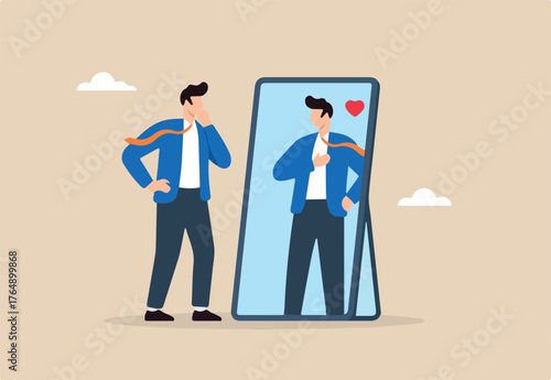 Flat illustration of confident businessman looking at mirror with admiration symbolizing self-love self-esteem and positive thinking