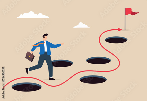 Smart businessman avoid numerous pitfalls to achieving business success. He bravely navigates past mistakes and failures, utilizing his skills and creativity to solve problems and overcome adversity