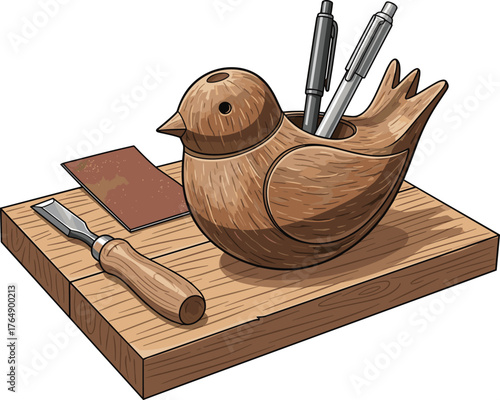 Handicraft Wood Carving Desk Set with Bird Pen Holder
